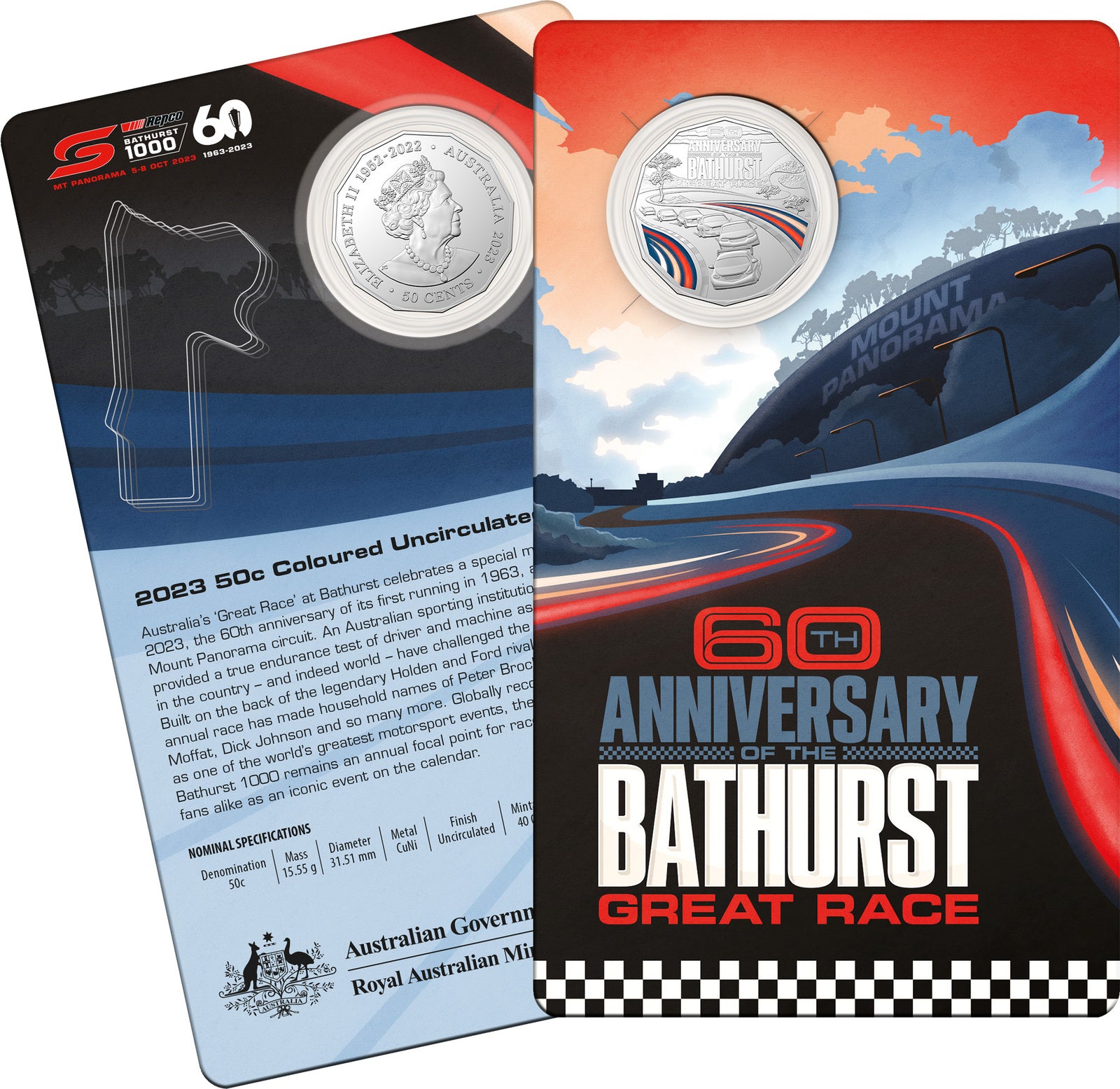 2023 50c Coloured Unc Coin in Card - 60th Anniversary of the Bathurst 1000
